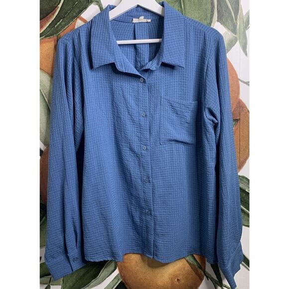 Easel Large Blue Printed Button Front Long Sleeve Shirt Front Pocket - Picture 1 of 6
